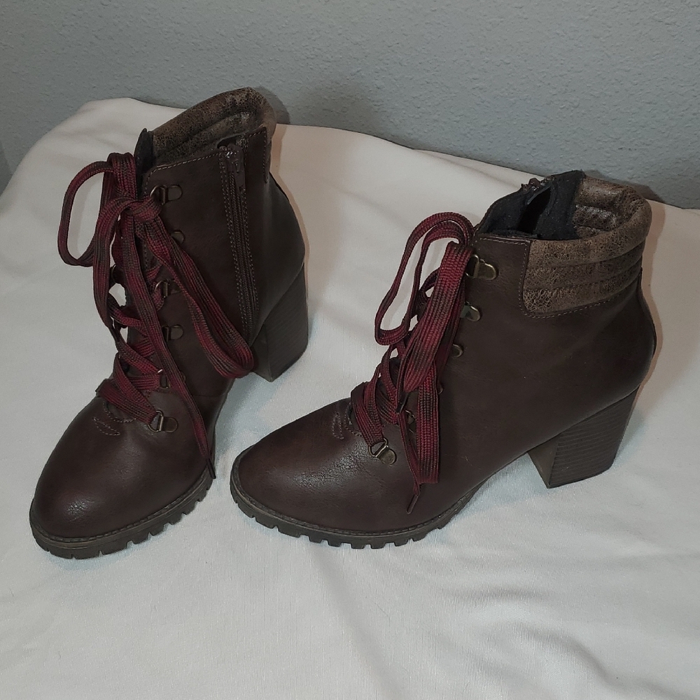 Maurices Brown Lace Up Boots with Red Accents